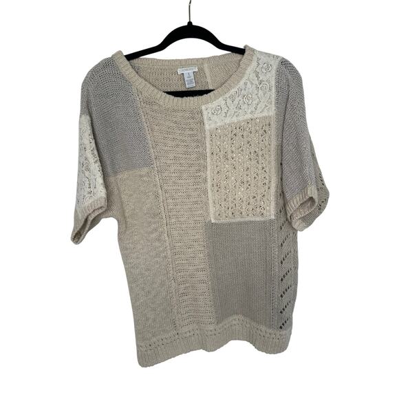CHICOS Cotton Blend Beige Patchwork Lace Wool Blend Pullover Knit Boho Sweater M - Picture 1 of 7